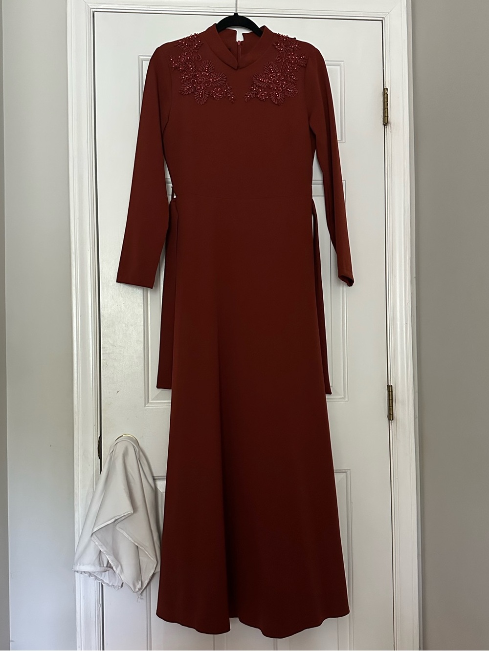 Elegant Burnt Orange Long Sleeve Maxi Dress with Embellished Flowers